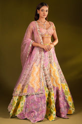Multi Colored Silk Printed and Woven Jaal Patch Work Lehenga